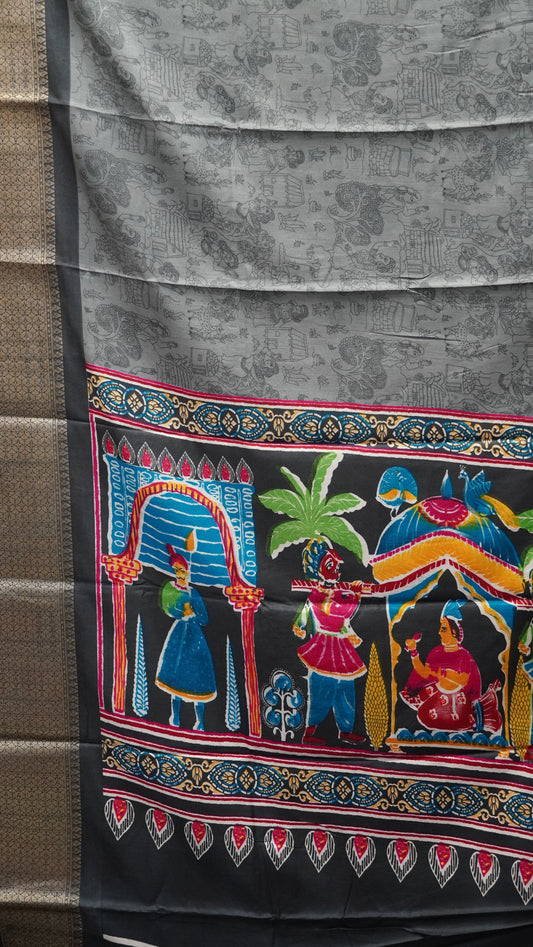 Dola Silk Saree Figure Print Grey