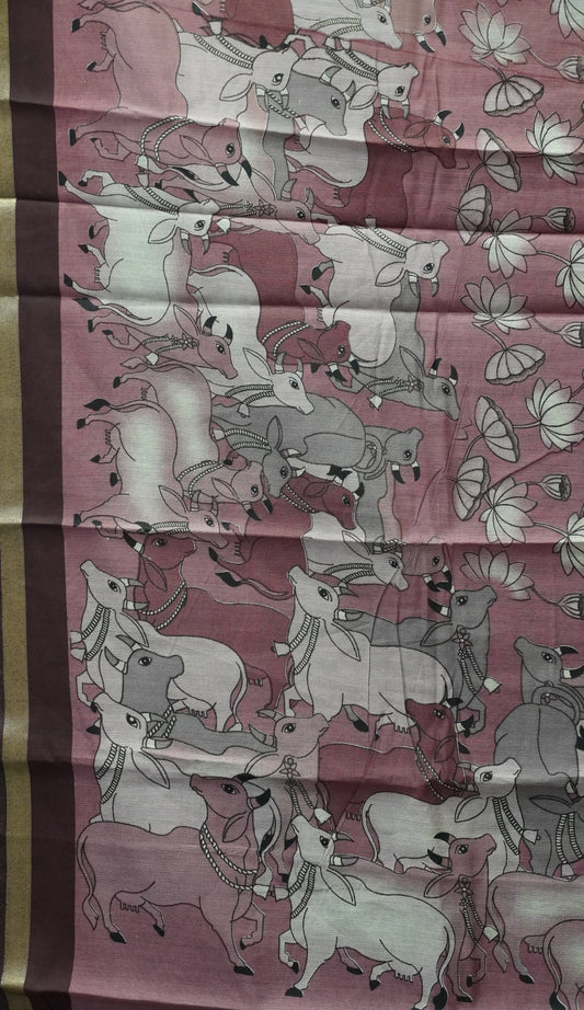 Malai Cotton Saree Pichwai & Floral Print - Pink