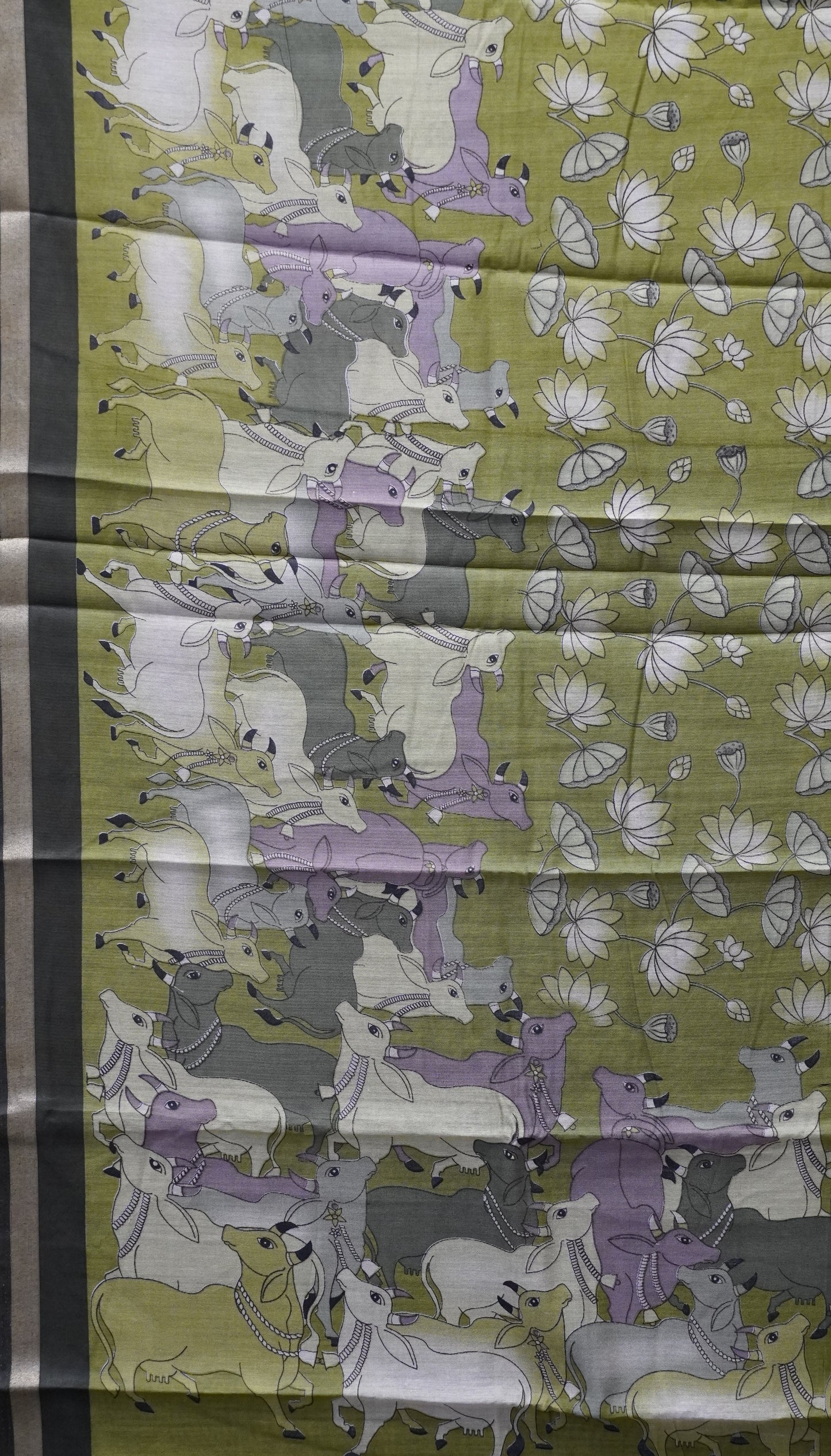 Malai Cotton Saree Pichwai & Floral Print - Green