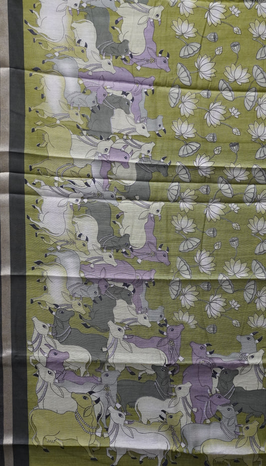 Malai Cotton Saree Pichwai & Floral Print - Green