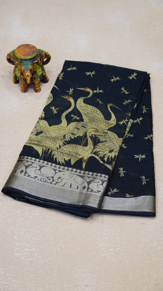 Chanderi Saree Flamingo Print - Olive Green