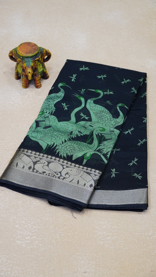 Chanderi Saree Flamingo Print - Green