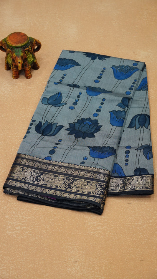 Malai Cotton Saree Mangalgiri Border - Blue
