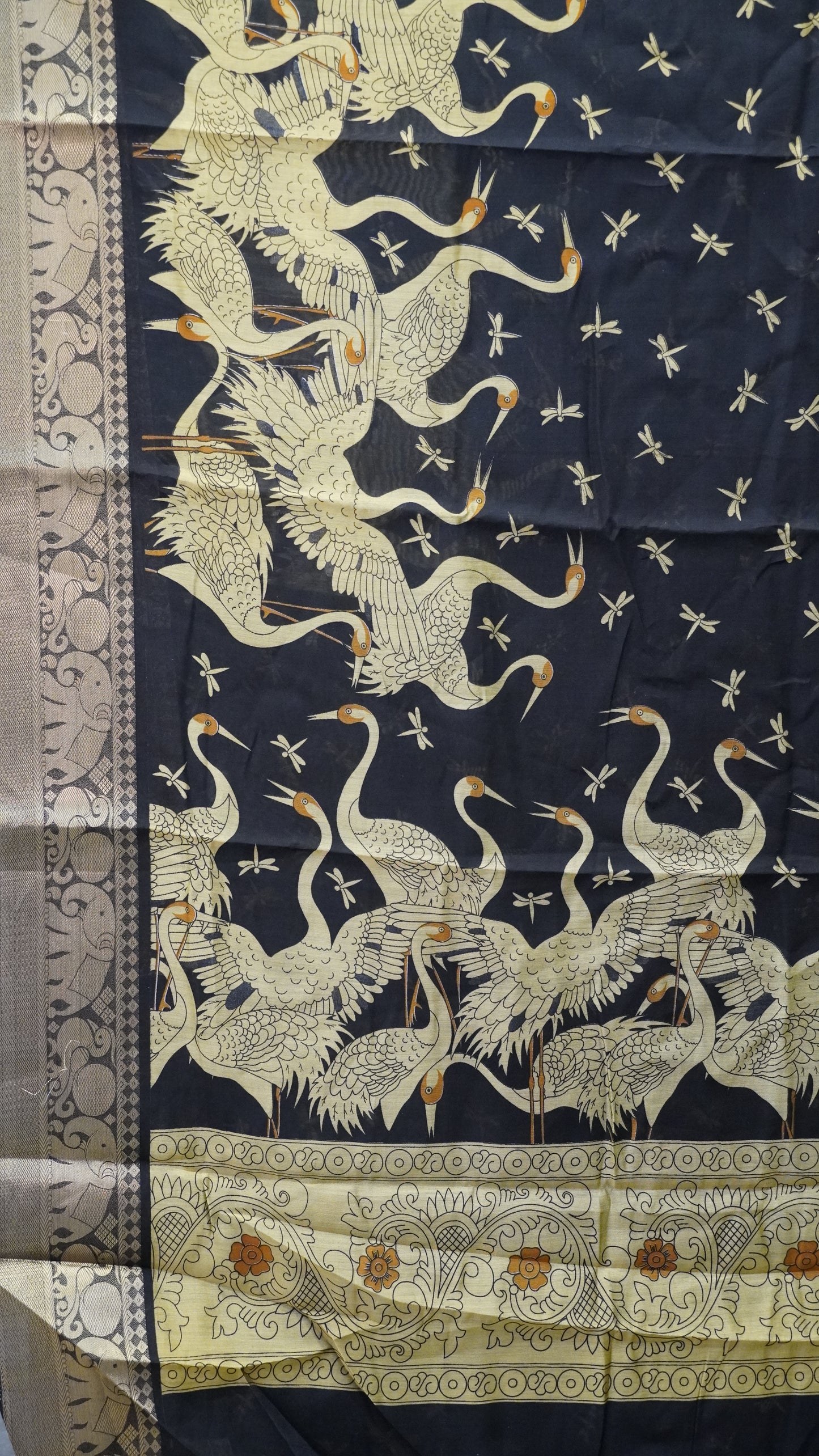 Chanderi Saree Flamingo Print - Olive Green