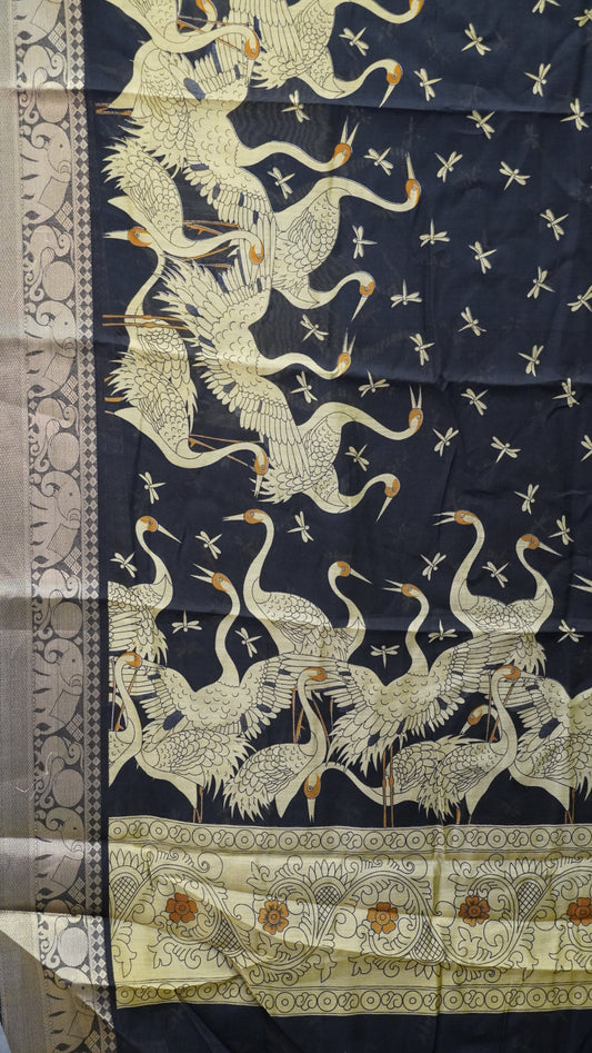 Chanderi Saree Flamingo Print - Olive Green