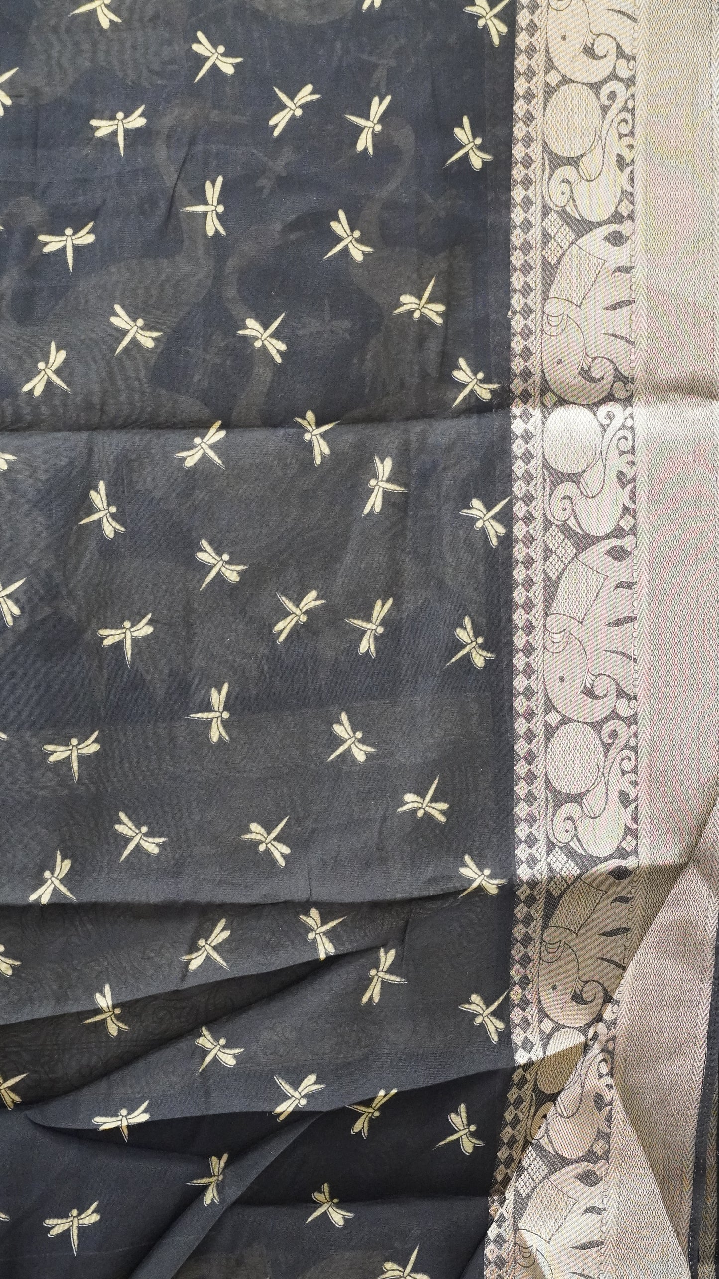 Chanderi Saree Flamingo Print - Olive Green