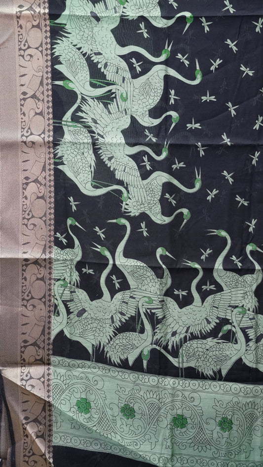 Chanderi Saree Flamingo Print - Green