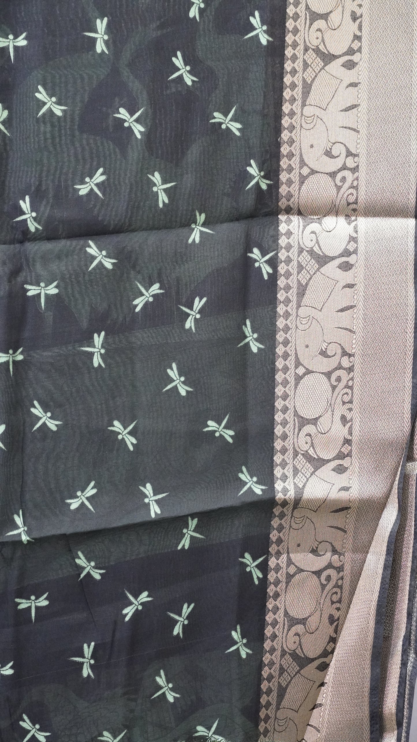Chanderi Saree Flamingo Print - Green