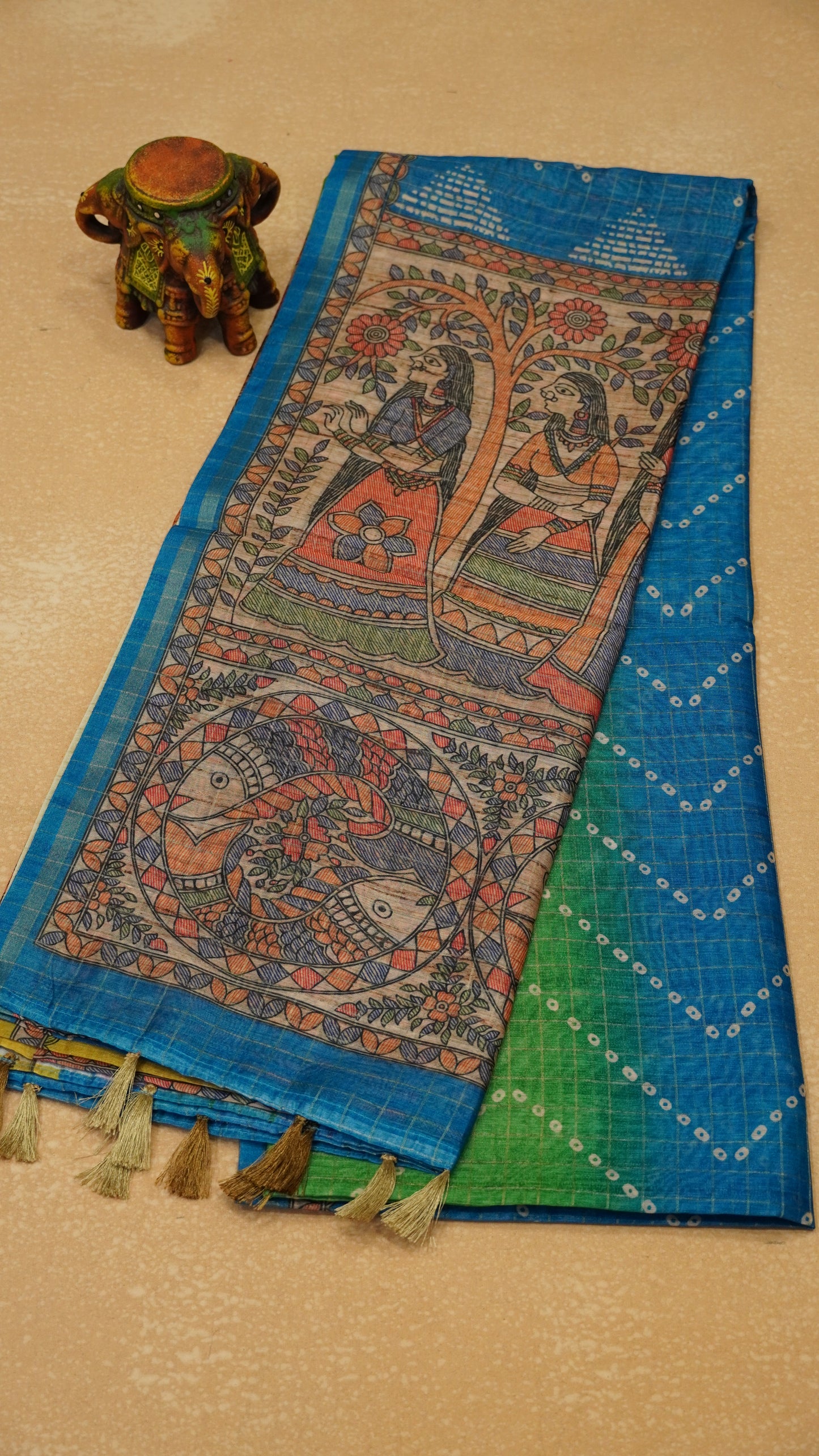 Semi Chanderi Saree Zig Zag Bandhini Print - Blue