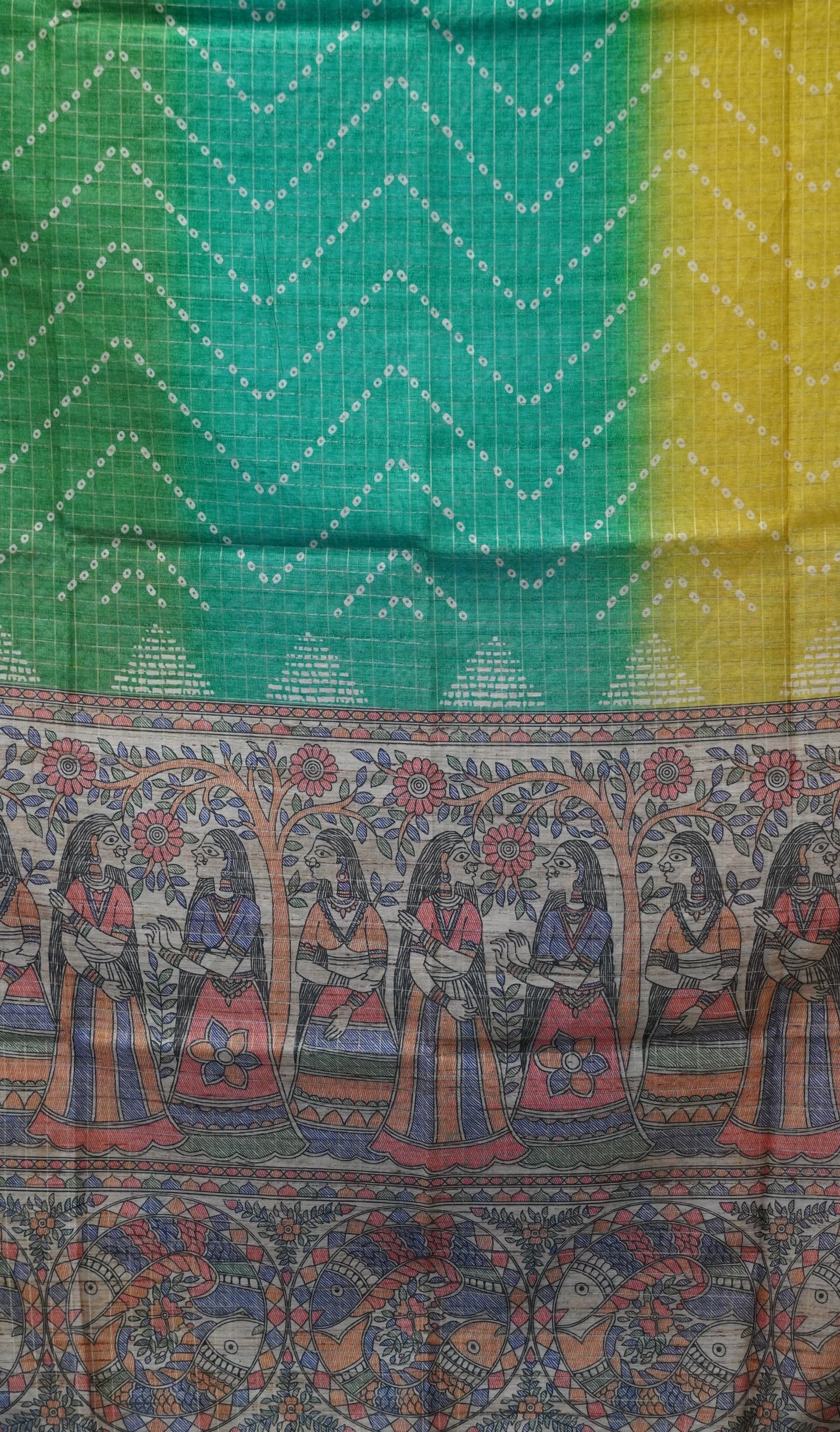 Semi Chanderi Saree Zig Zag Bandhini Print - Blue
