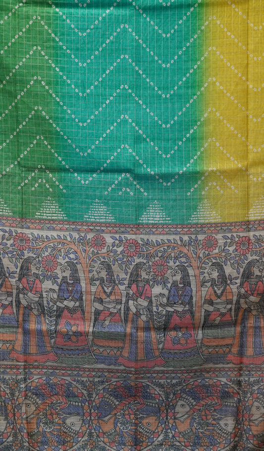 Semi Chanderi Saree Zig Zag Bandhini Print - Blue