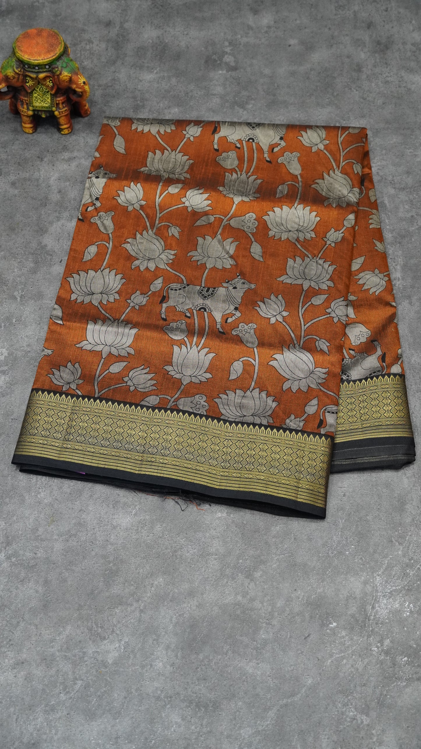 Semi Pattola Saree Pichwai & Floral Print with Black Border- Mustard