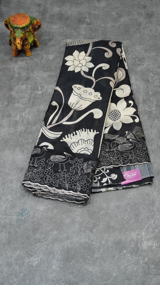 Tussar Saree Floral Print - Black to Off White