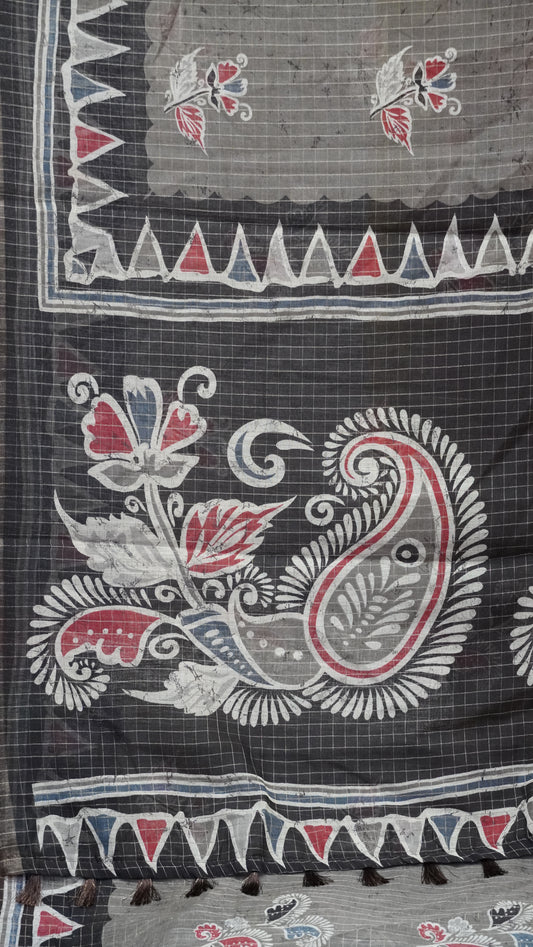 Semi Tussar Saree With Zari Checks - Grey
