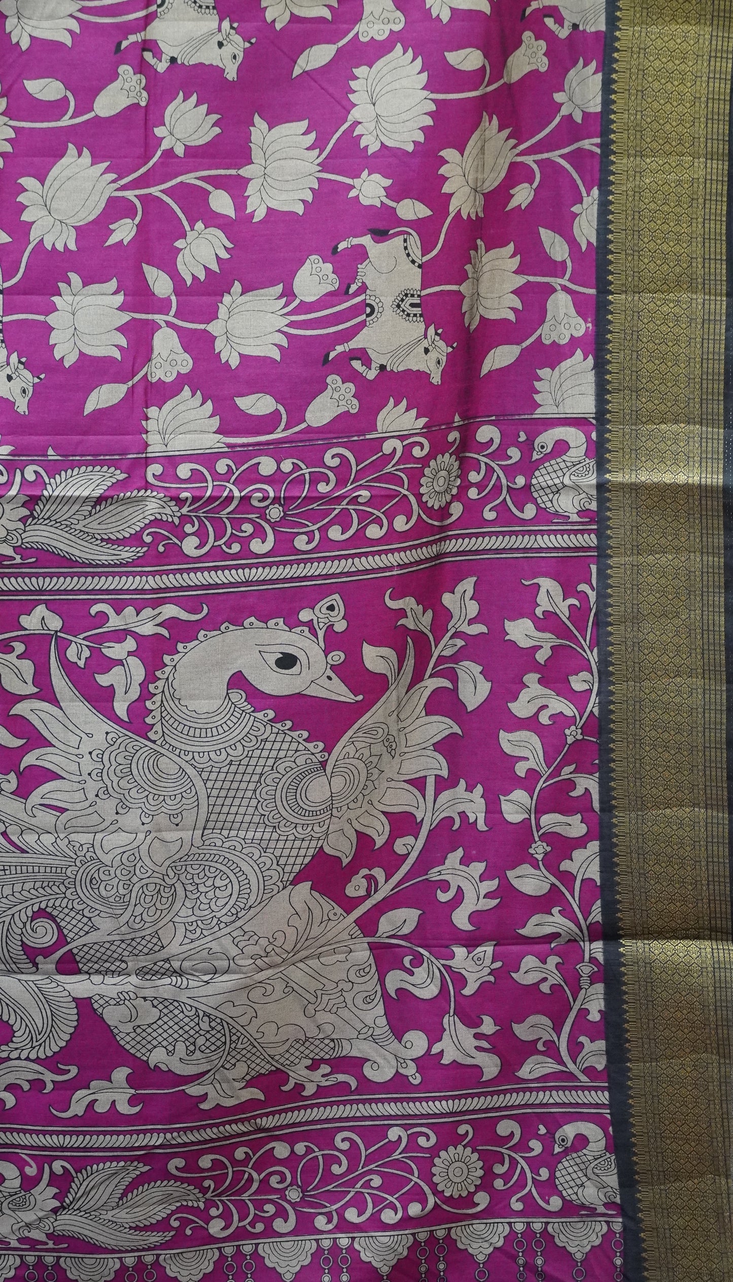 Semi Pattola Saree Pichwai & Floral Print with Black Border - Magenta