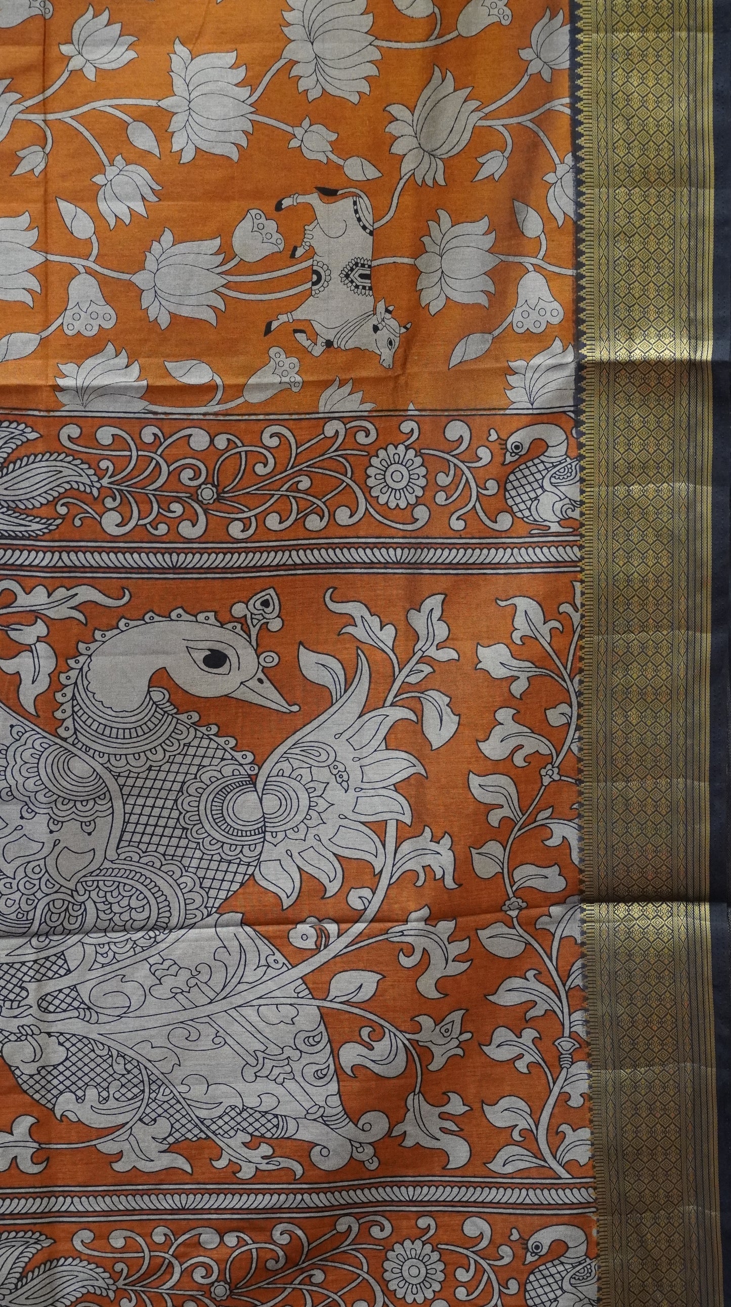 Semi Pattola Saree Pichwai & Floral Print with Black Border- Mustard