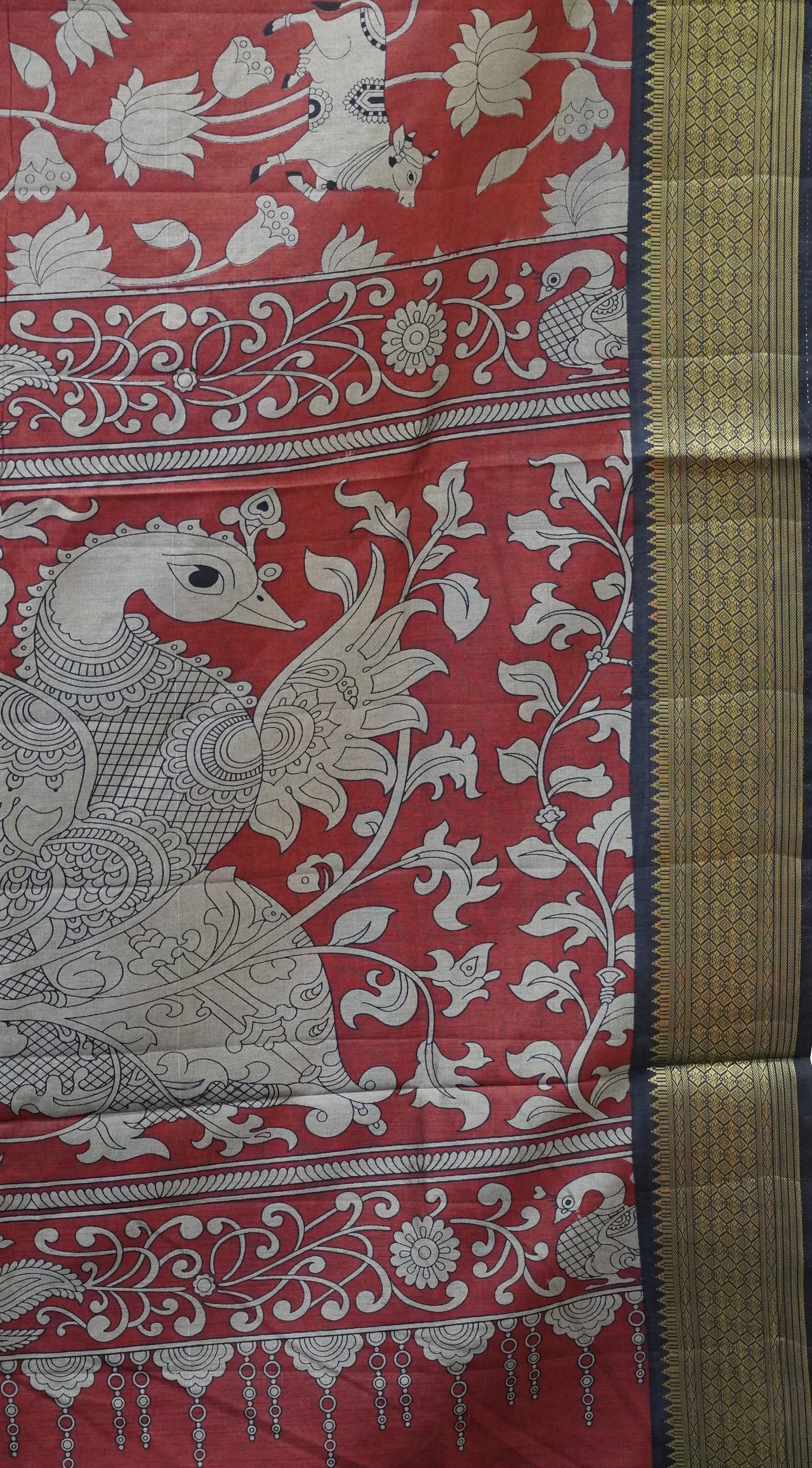 Semi Pattola Saree Pichwai & Floral Print with Black Border - Brown