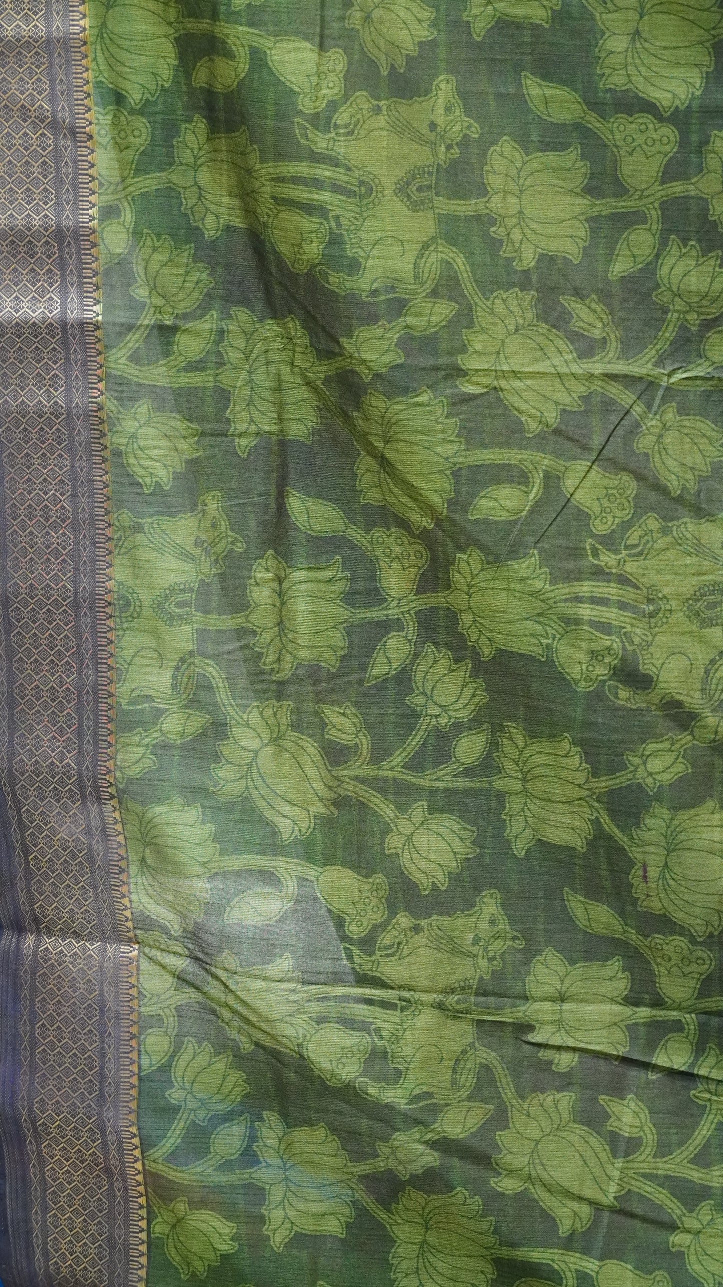 Semi Pattola Saree Pichwai & Floral Print with Black Border - Brown