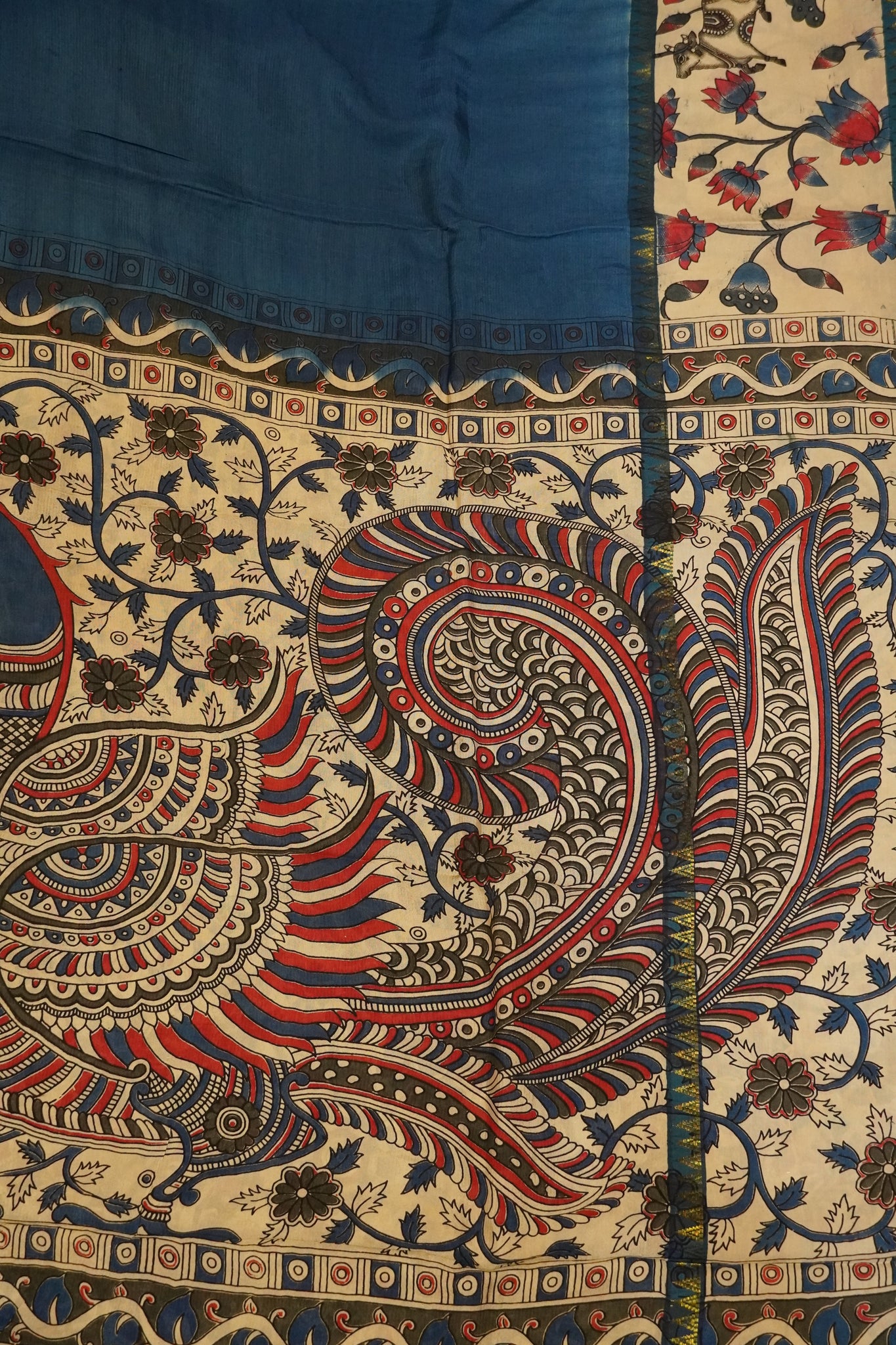 Kalamkari Silk Saree -Peacock Blue