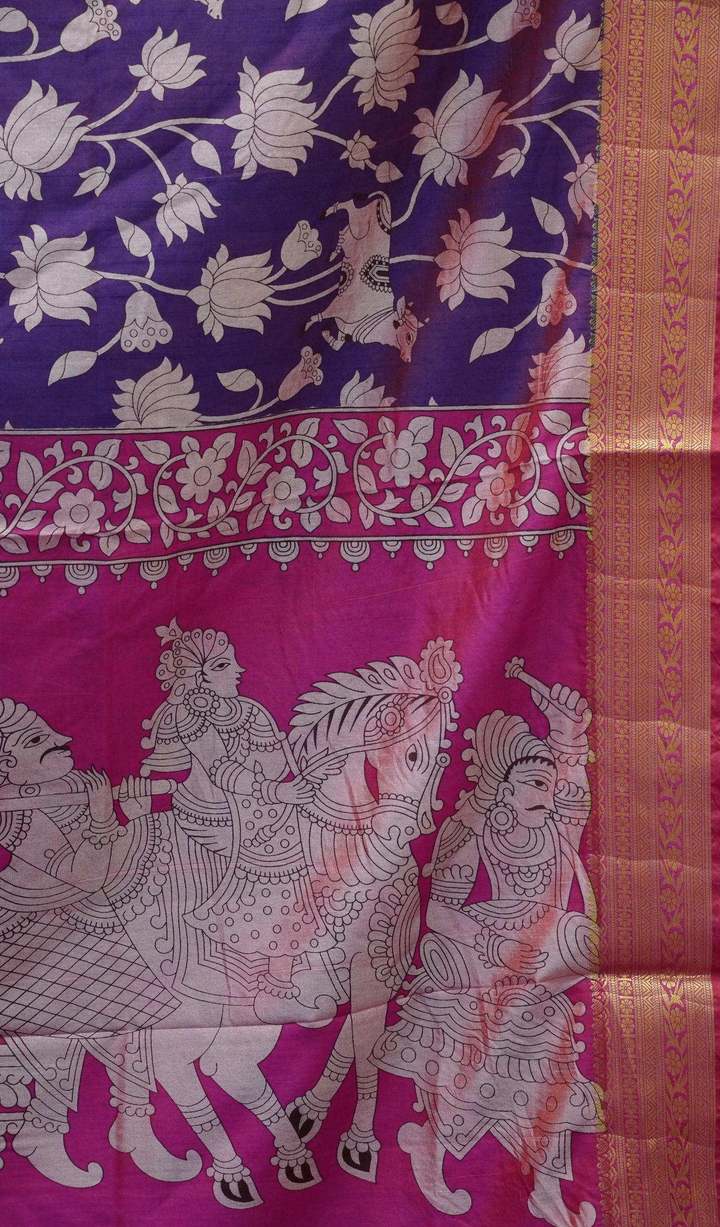 Semi Pattola Saree Pichwait & Floral Print with Floral Border - Purple to Pink