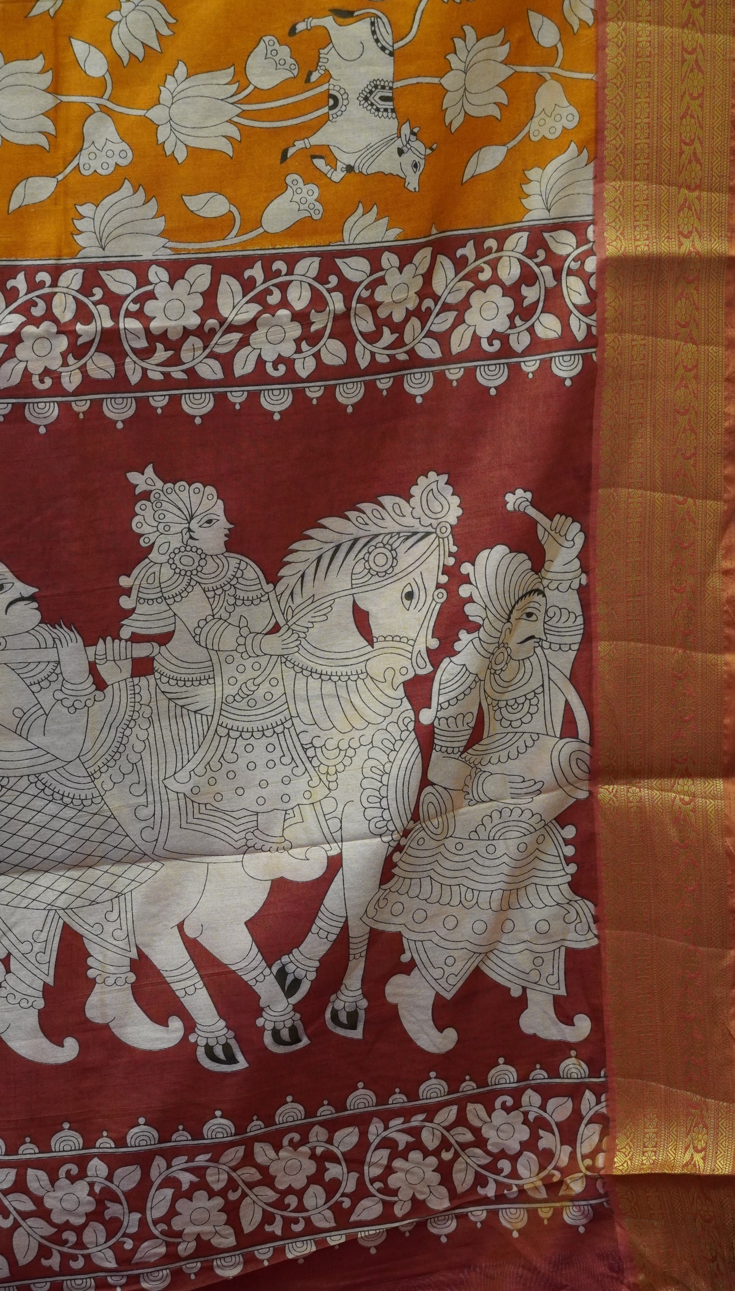 Semi Pattola Saree Pichwait & Floral Print with Floral Border - Mustard to Brown