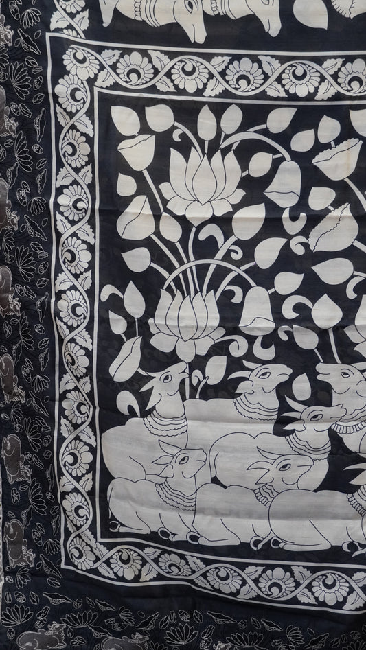 Tussar Saree Floral Print - Black to Off White