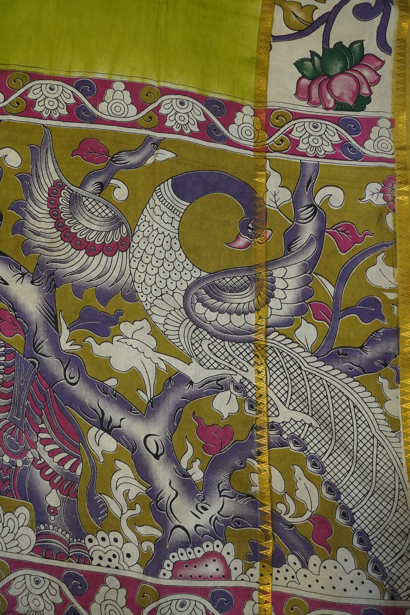 Kalamkari Silk Saree -Lime green