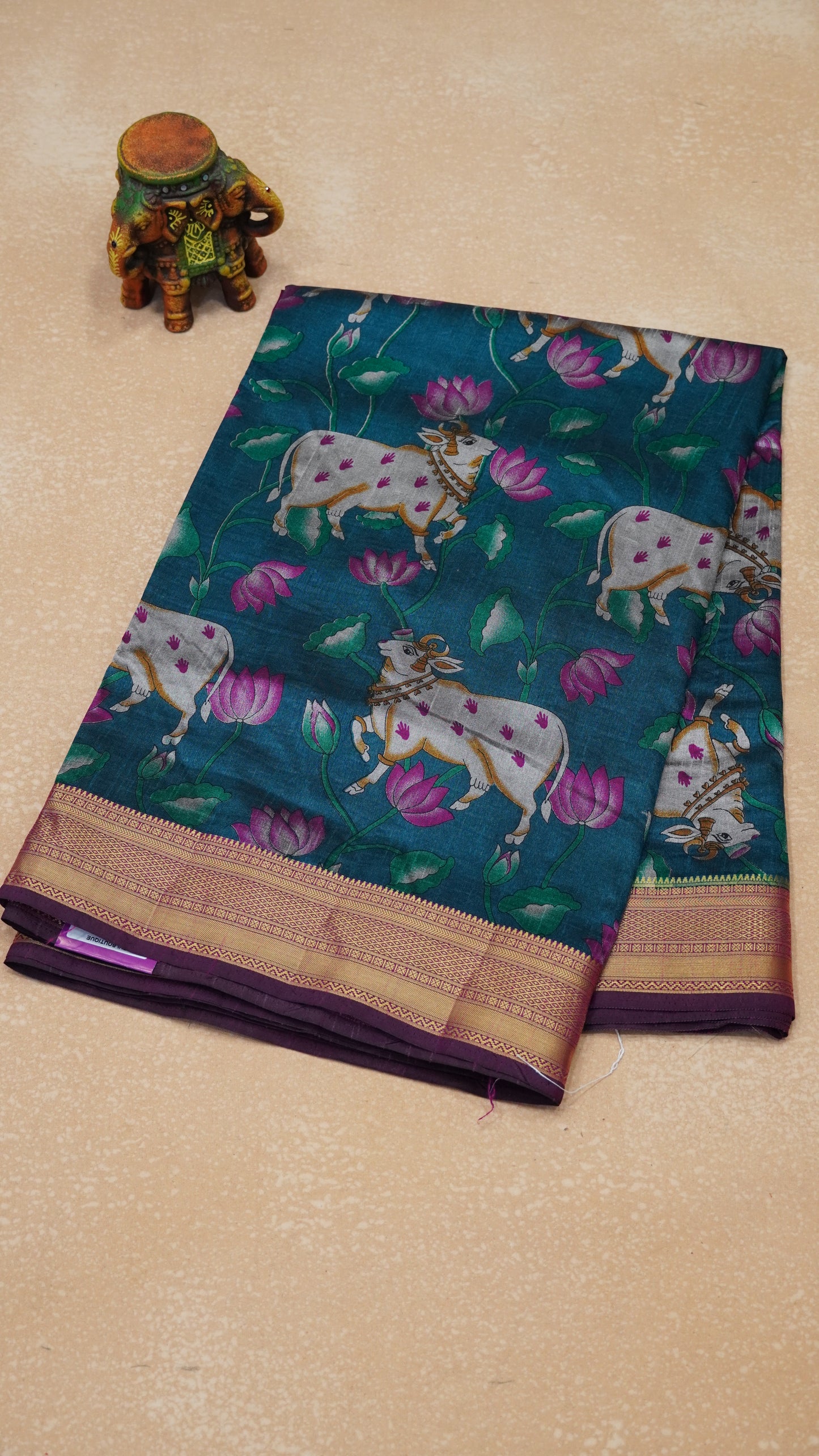 Semi Pattola Saree Pichwai Print - Peacock Blue