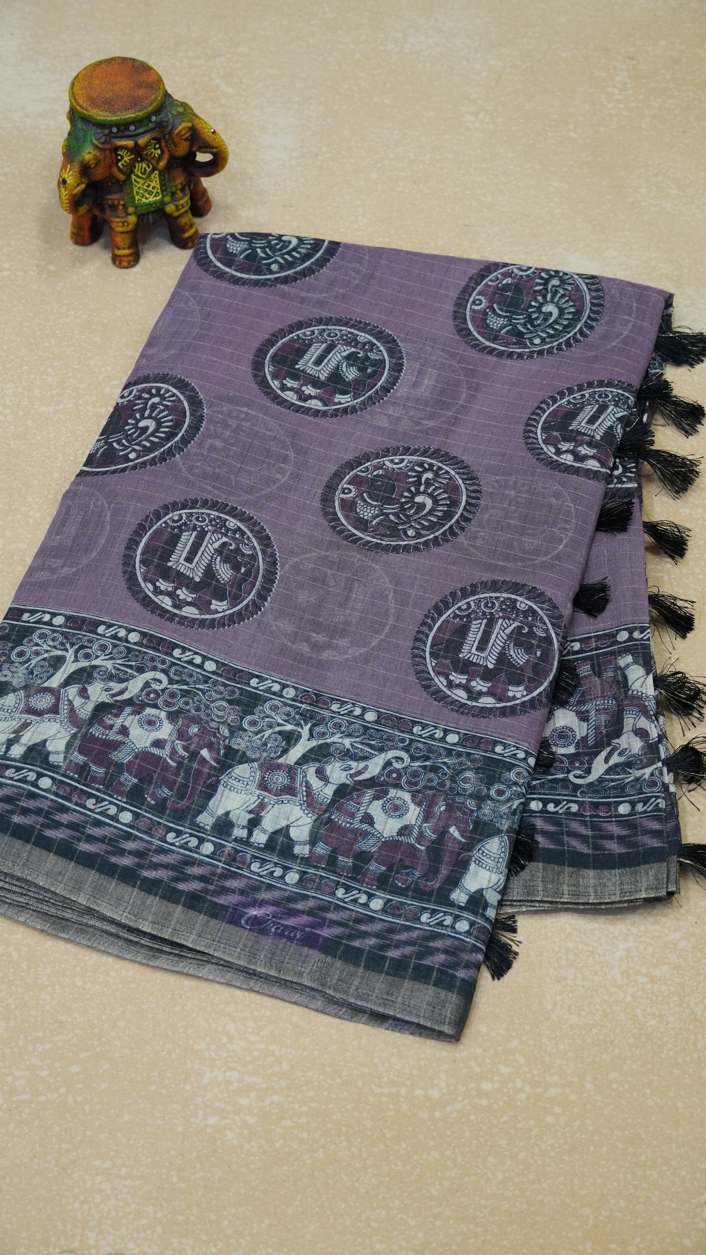 Semi Tussar Saree With Zari Checks And Figure Prints - Mauve