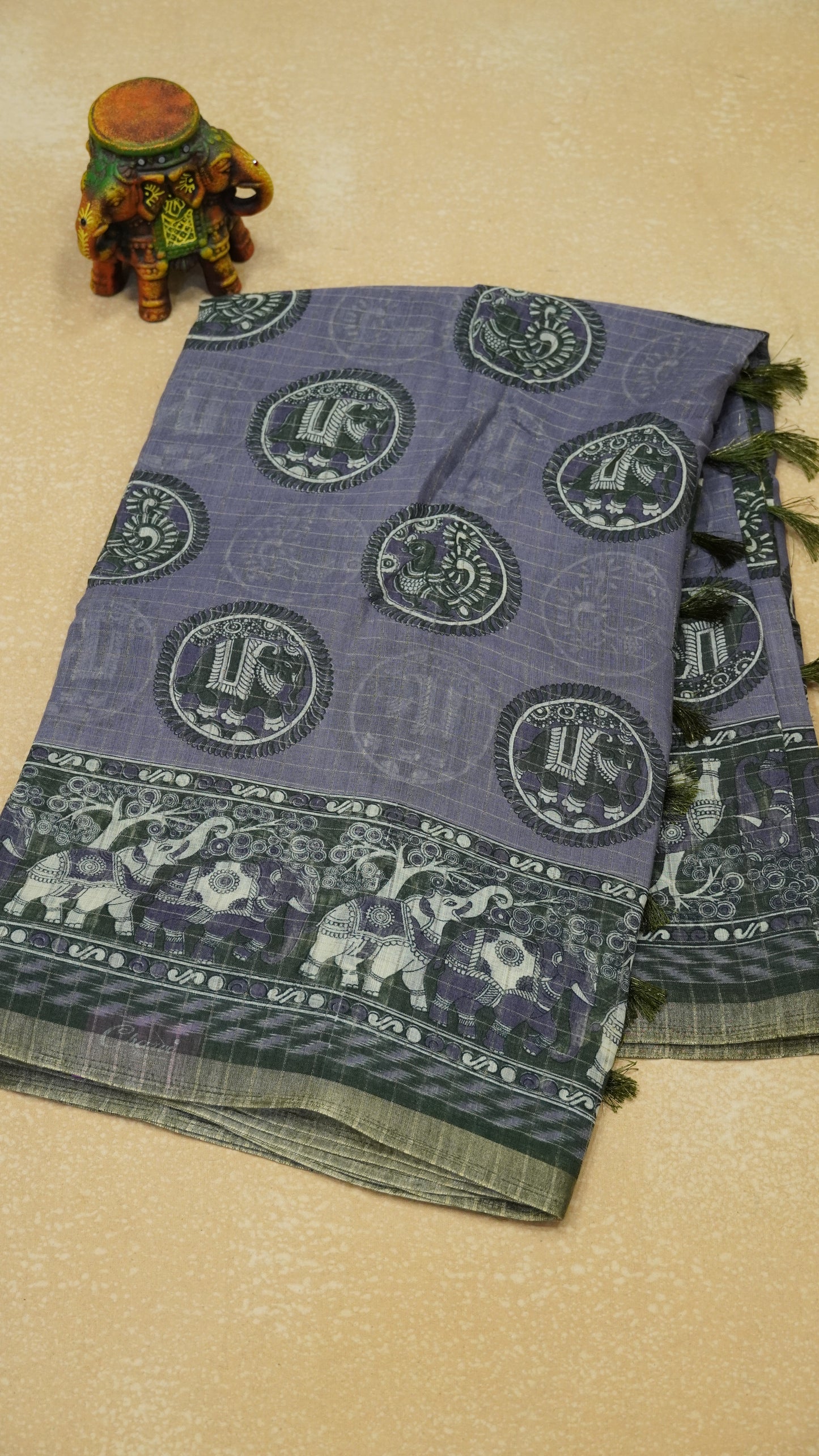 Semi Tussar Saree With Zari Checks And Figure Prints - Lavendar