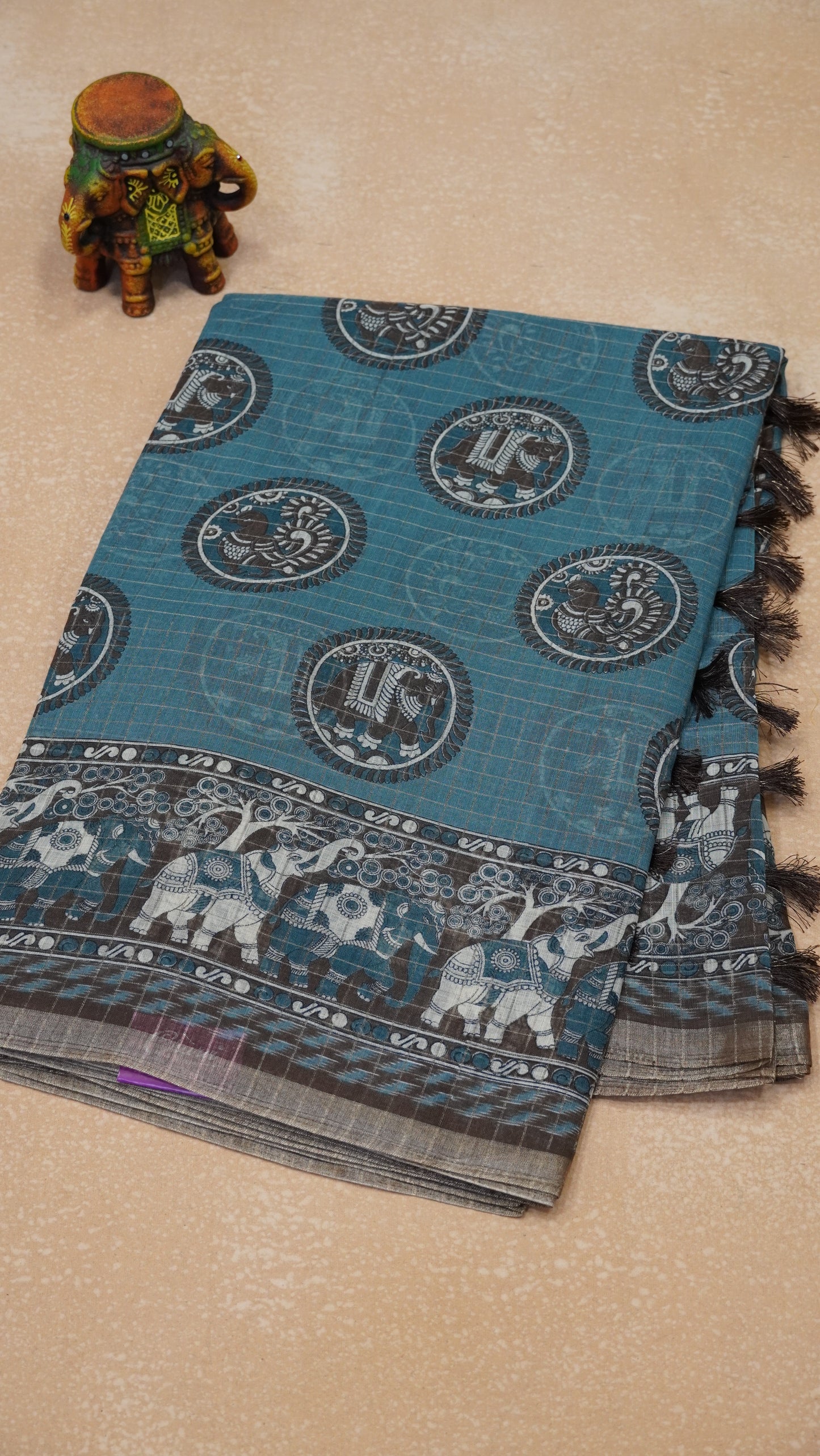 Semi Tussar Saree With Zari Checks And Figure Prints - Sea Green