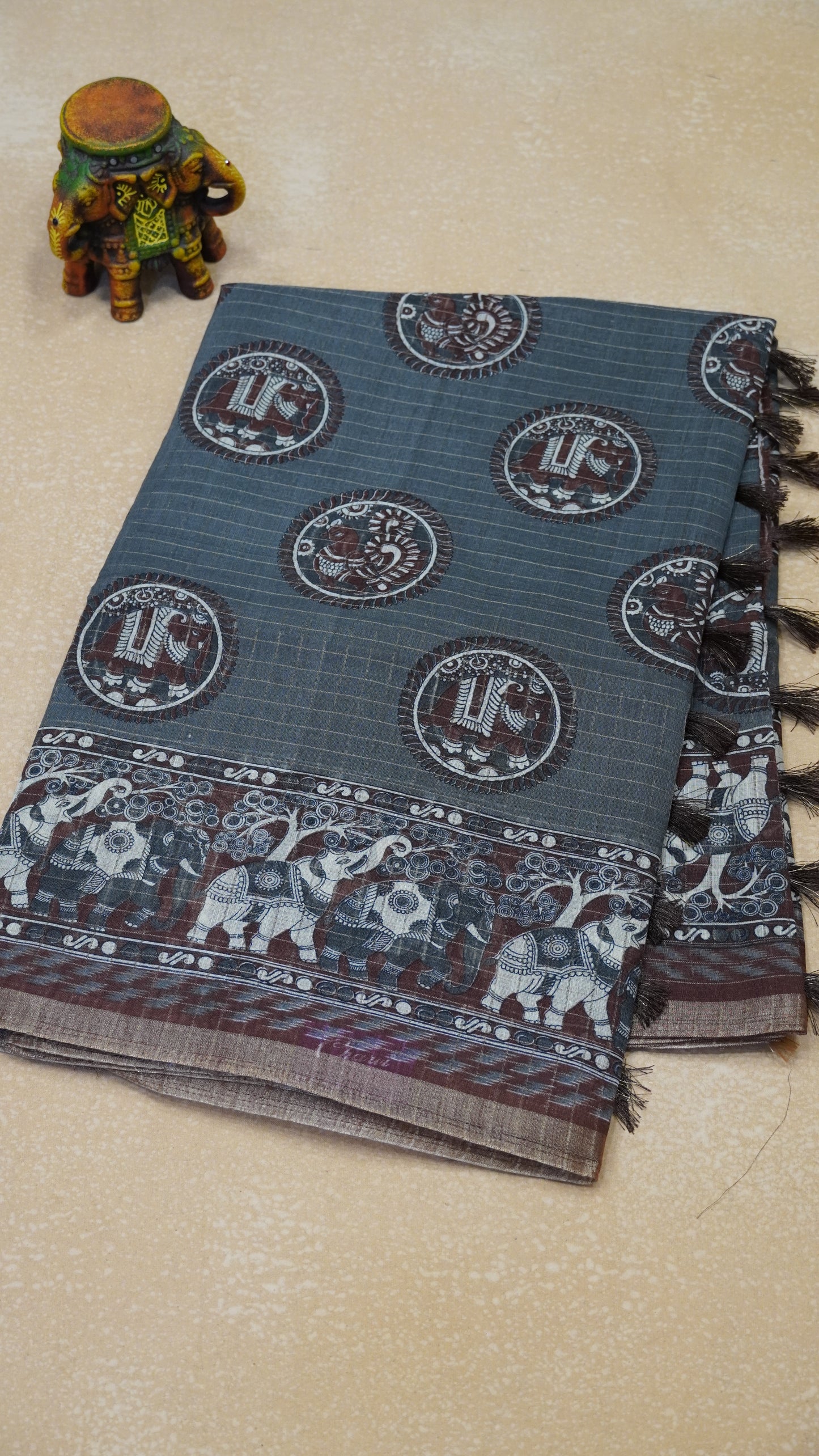 Semi Tussar Saree With Zari Checks And Figure Prints - Grey