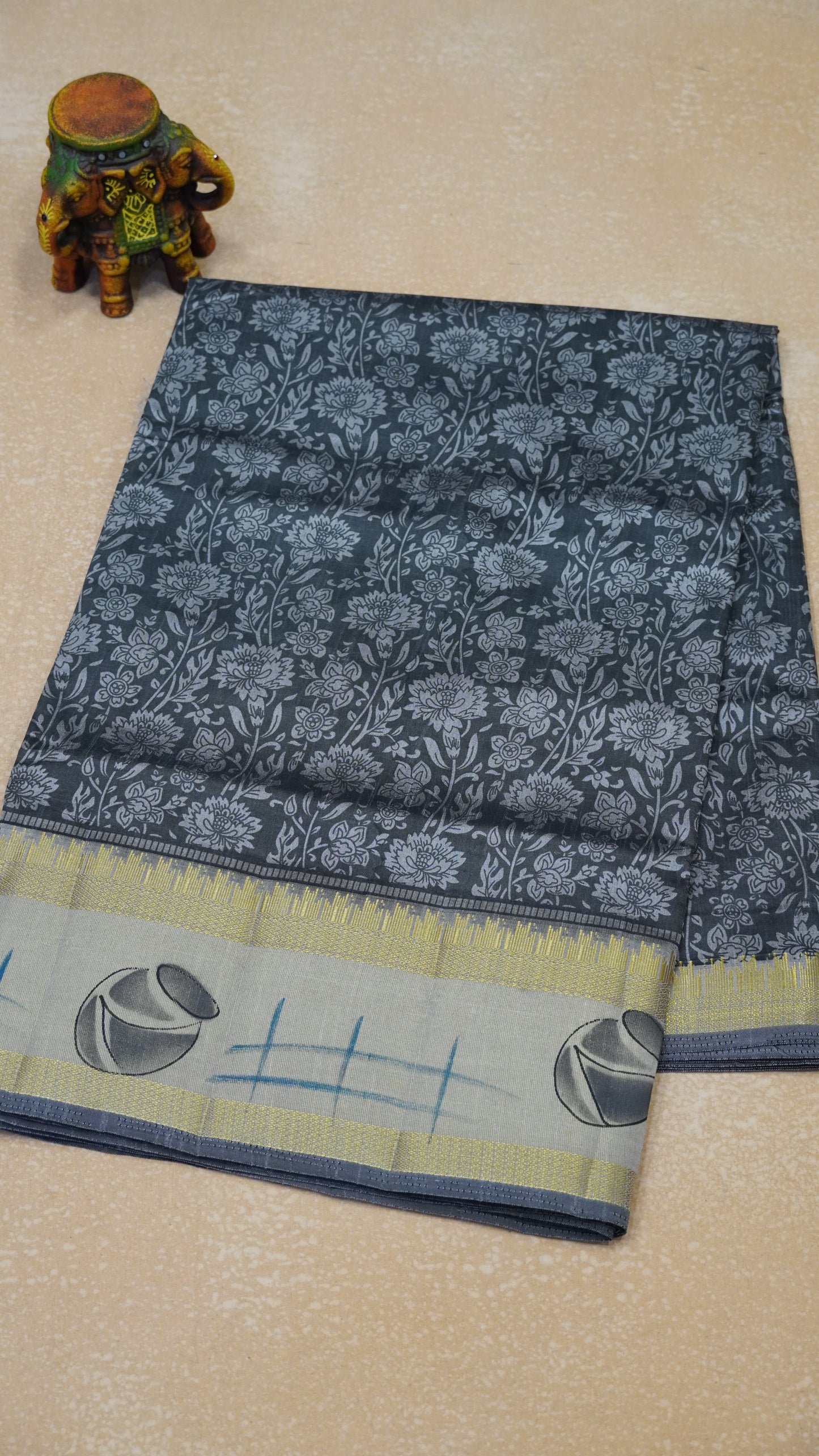Semi Pattola Saree Floral Print With Pot Print Border- Grey