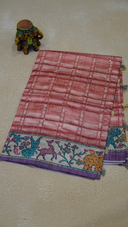 Semi Tussar Saree With French Knot & Kantha Work Checked Pattern - Peach