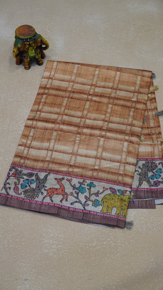 Semi Tussar Saree With French Knot & Kantha Work Checked Pattern - Brown