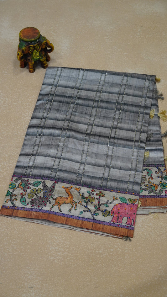 Semi Tussar Saree With French Knot & Kantha Work Checked Pattern - Grey