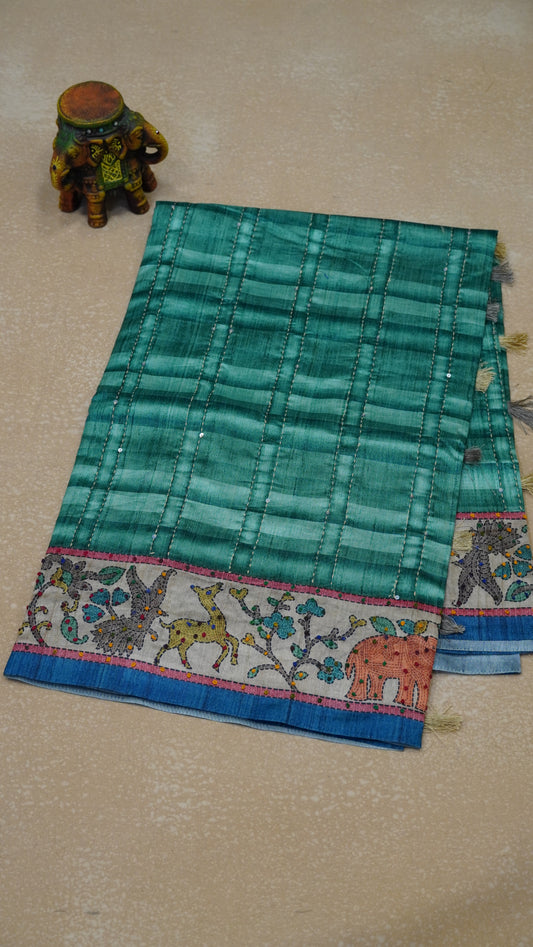 Semi Tussar Saree With French Knot & Kantha Work Checked Pattern - Green