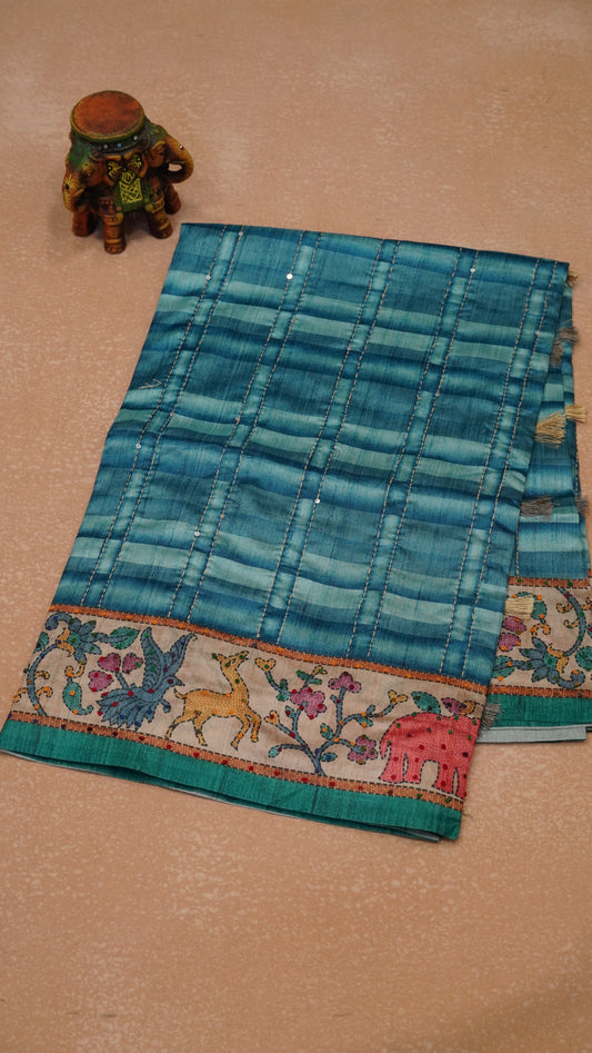Semi Tussar Saree With French Knot & Kantha Work Checked Pattern - Blue