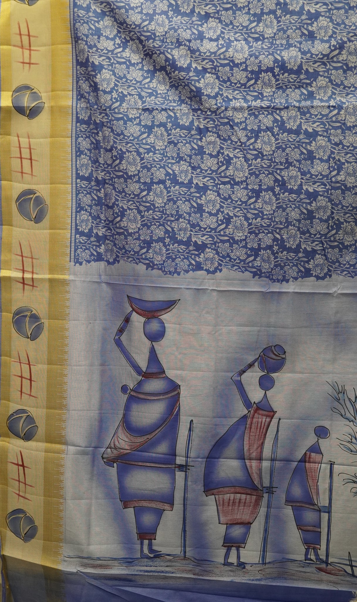 Semi Pattola Saree Floral Print With Pot Print Border- Blue