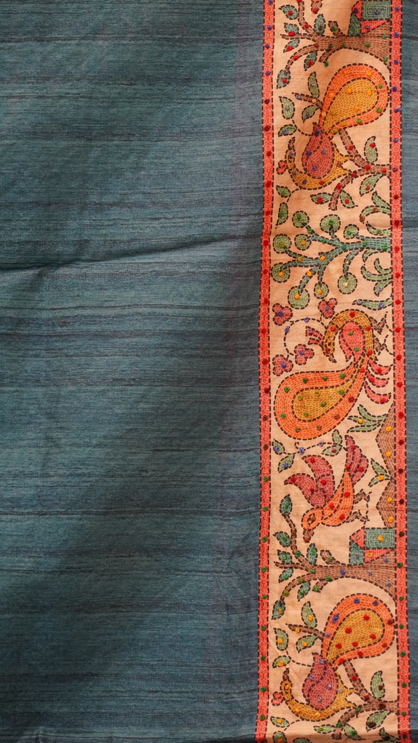 Semi Tussar Saree With French Knot & Kantha Work Zig Zag Pattern - Green