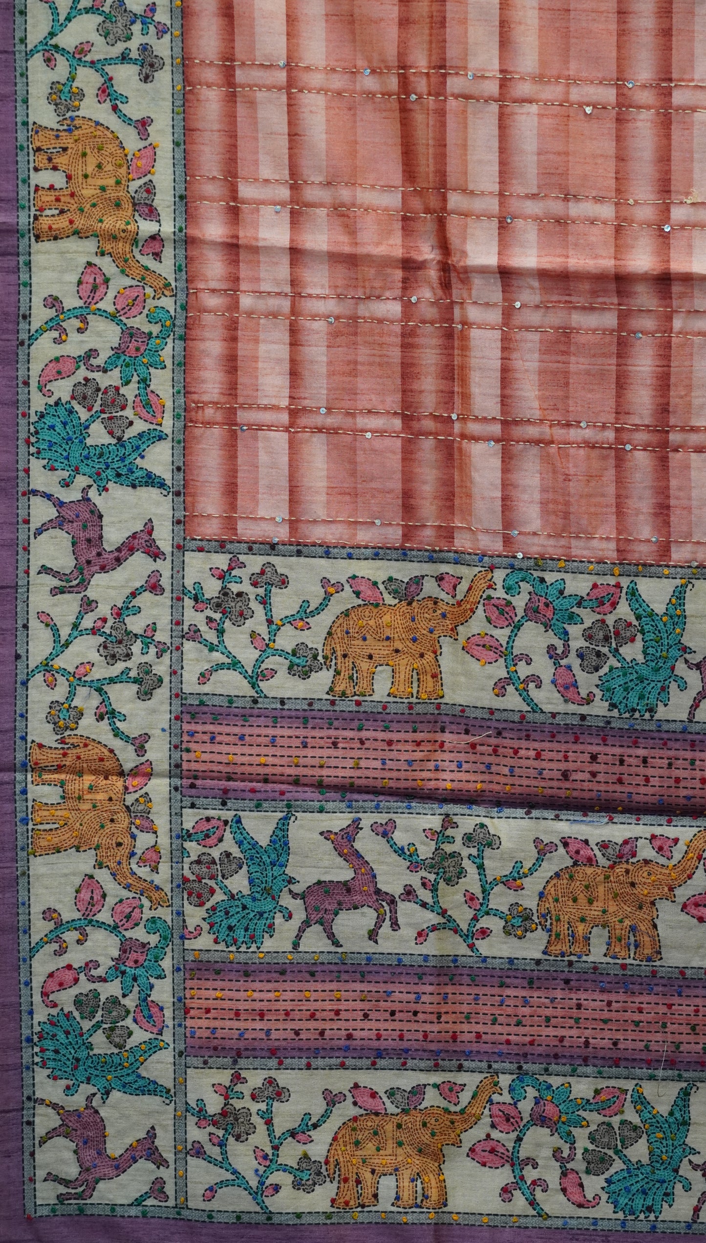 Semi Tussar Saree With French Knot & Kantha Work Checked Pattern - Peach