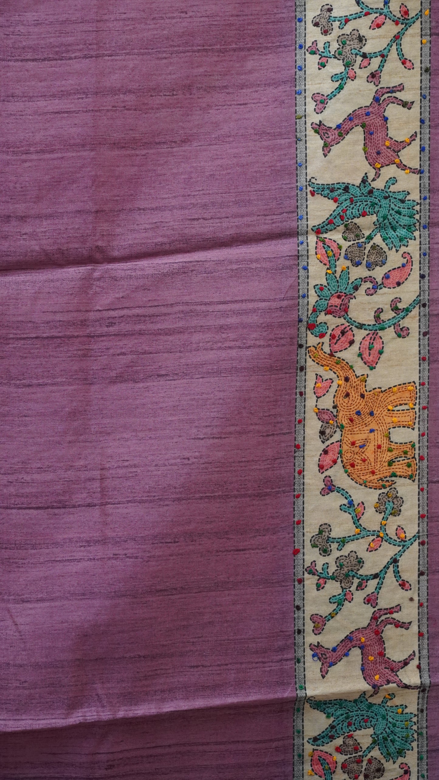 Semi Tussar Saree With French Knot & Kantha Work Checked Pattern - Peach
