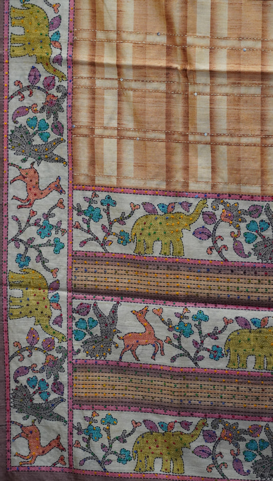 Semi Tussar Saree With French Knot & Kantha Work Checked Pattern - Brown