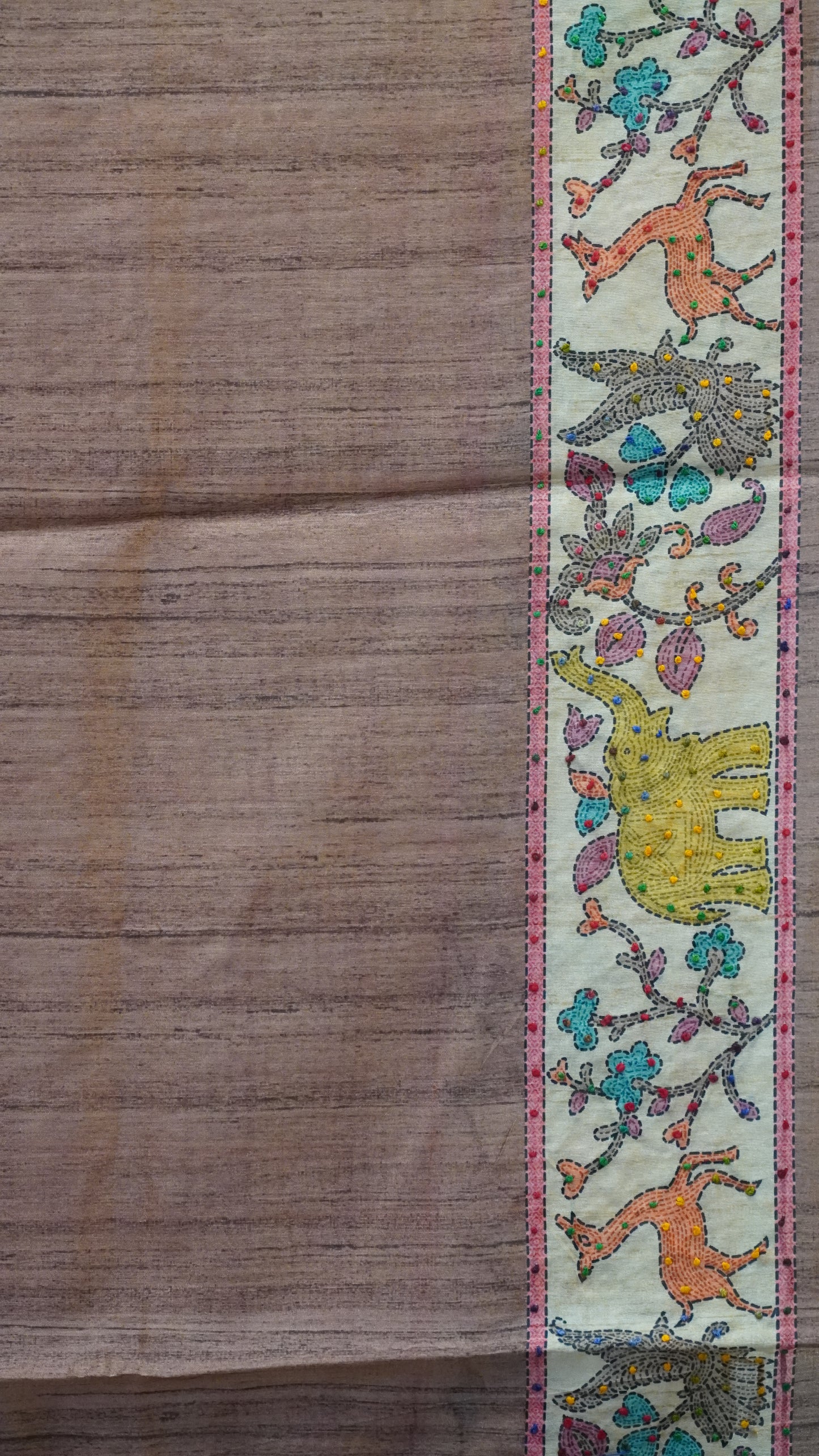 Semi Tussar Saree With French Knot & Kantha Work Checked Pattern - Brown