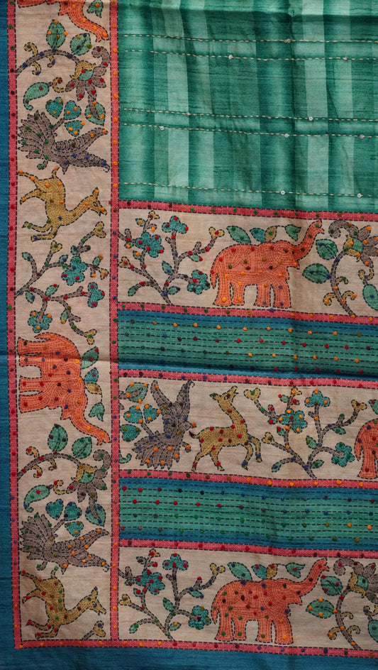 Semi Tussar Saree With French Knot & Kantha Work Checked Pattern - Green