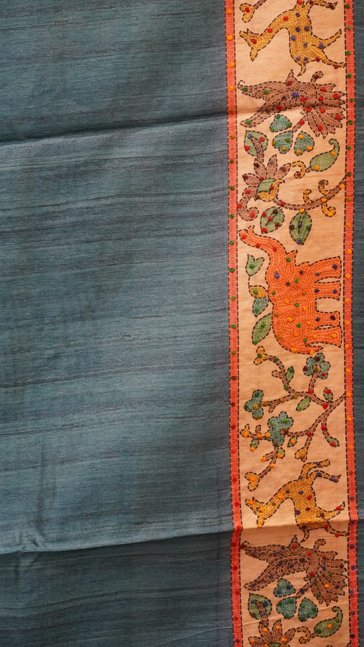Semi Tussar Saree With French Knot & Kantha Work Checked Pattern - Green