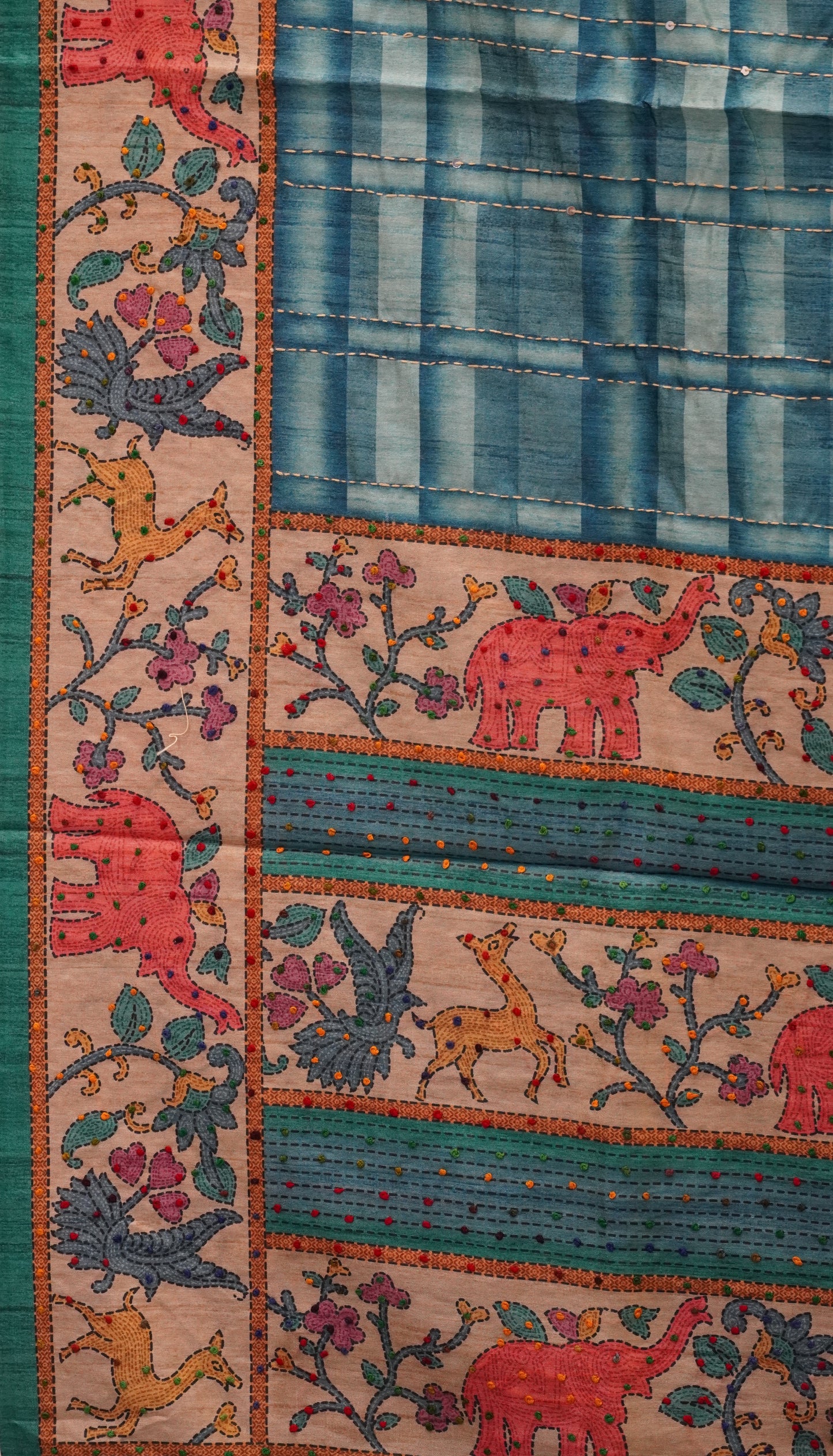 Semi Tussar Saree With French Knot & Kantha Work Checked Pattern - Blue