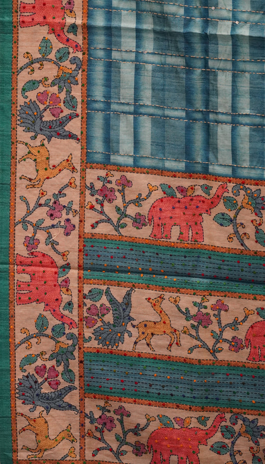 Semi Tussar Saree With French Knot & Kantha Work Checked Pattern - Blue