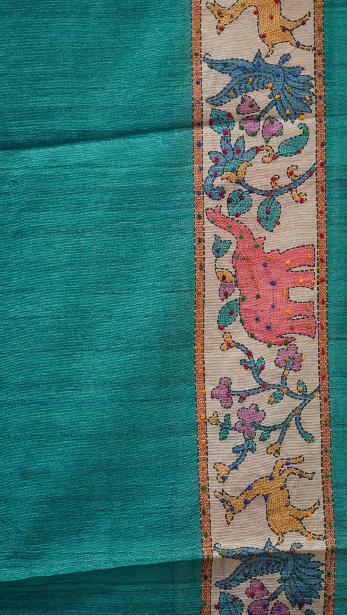 Semi Tussar Saree With French Knot & Kantha Work Checked Pattern - Blue