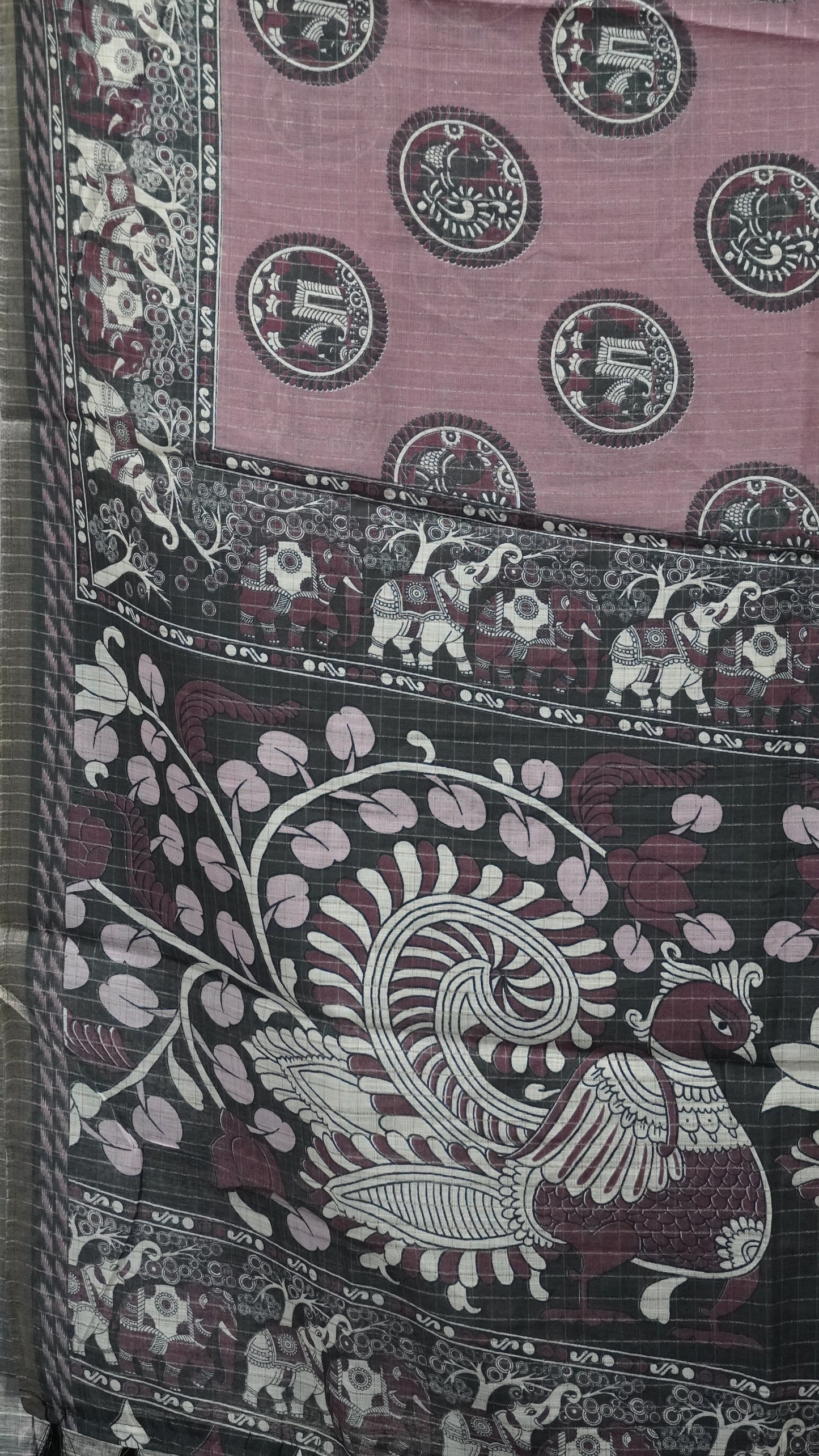 Semi Tussar Saree With Zari Checks And Figure Prints - Mauve